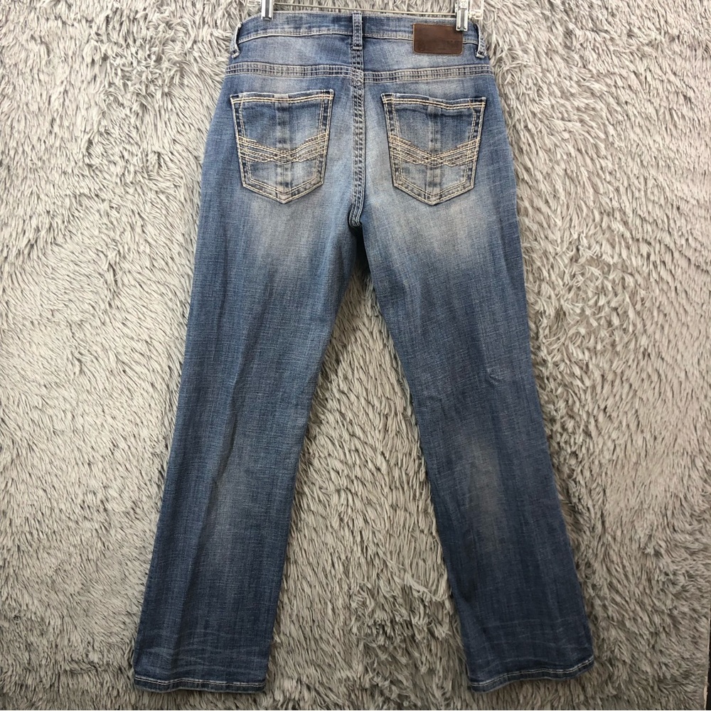 BKE Buckle Jeans Derek Mens 31R Bootleg Bootcut Whiskered Denim